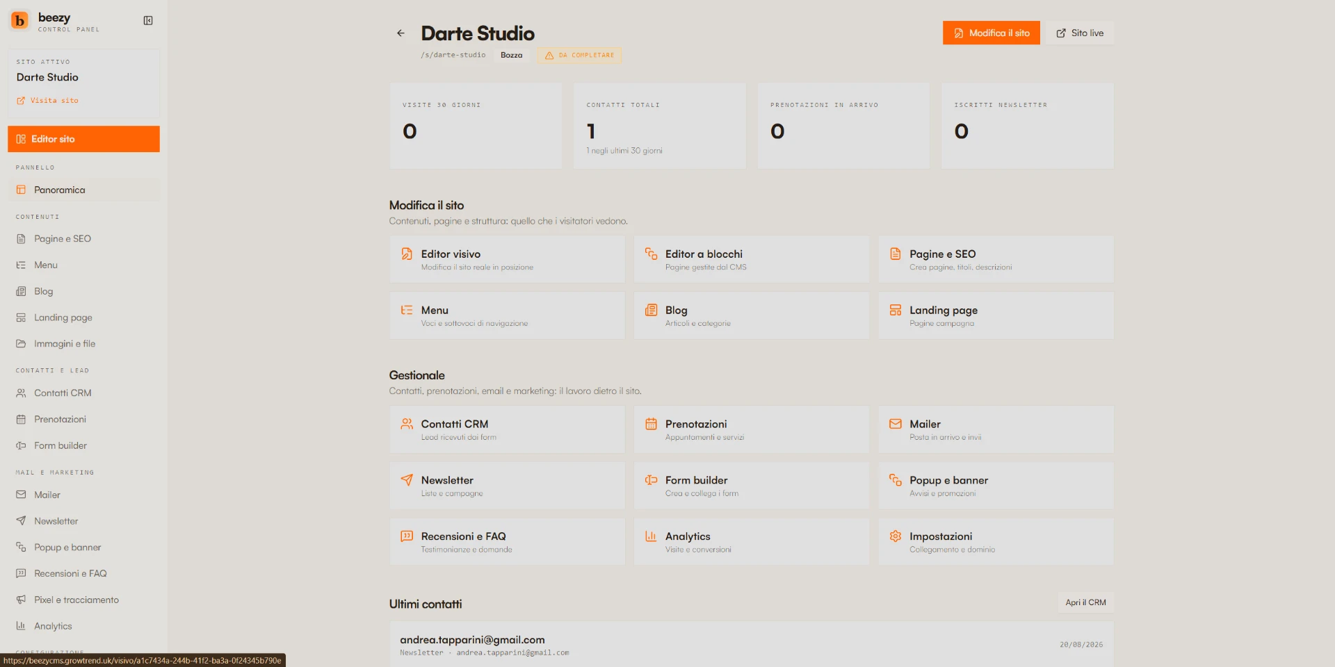 Pannello di controllo Beezy: KPI del sito, gestione contenuti e sezione gestionale